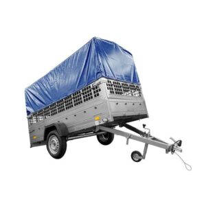 Grande remorque basculante Garden Trailer 264 KIPP avec roue jointe, glissières, châssis H-800 et bâche bleue